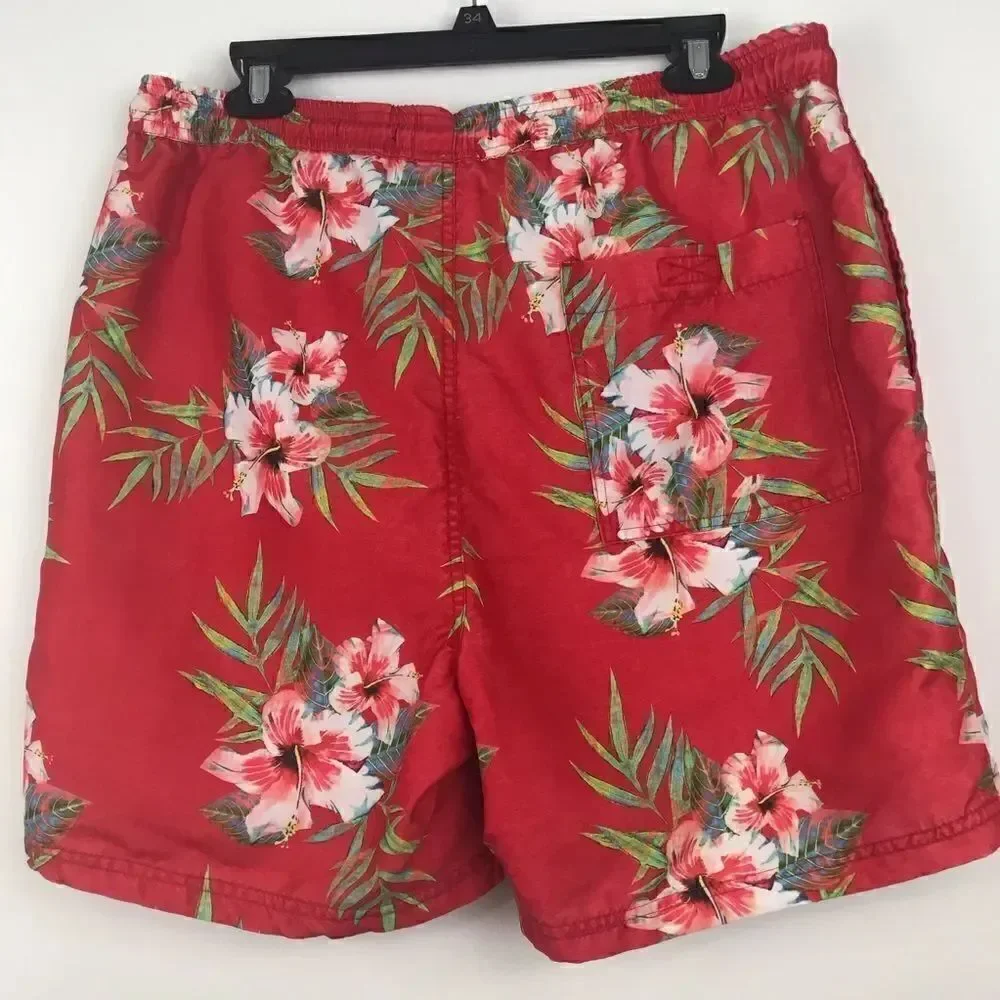 21 Men Red Hibiscus Floral Tropical Swim Trunks